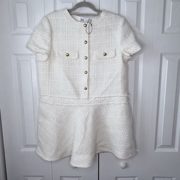 Zara Dresses & Skirts - Zara SS24 ZW Collection Short Tweed Textured Structured Dress Ecru fringe  XL